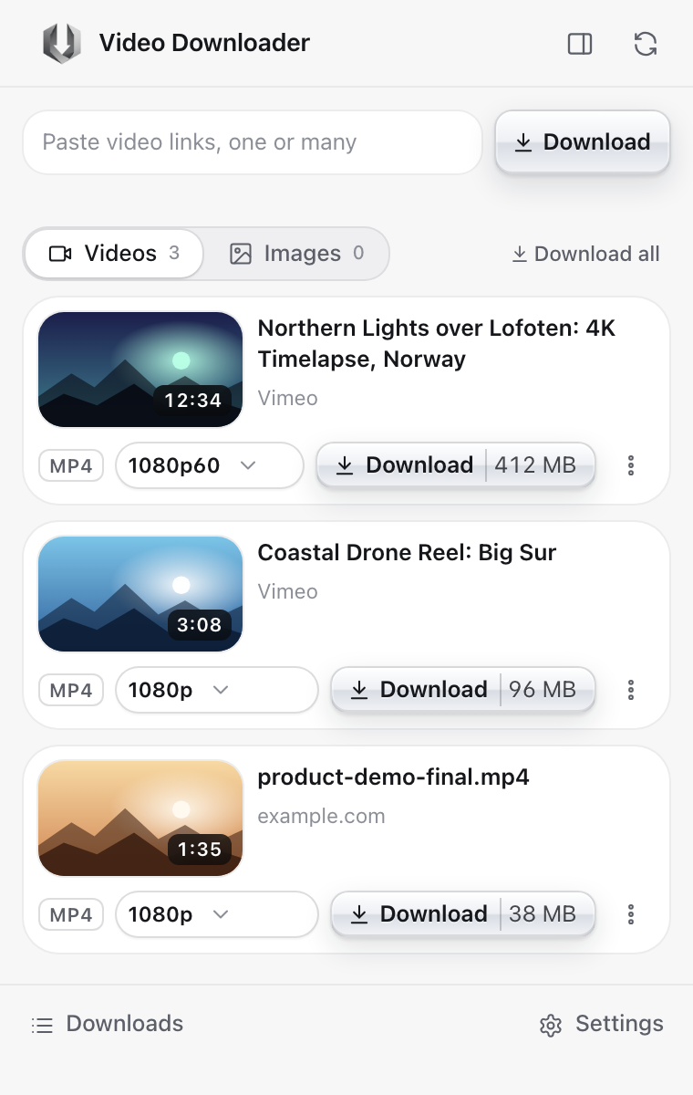 The extension popup listing videos found on a page, each with a quality picker and a Download button