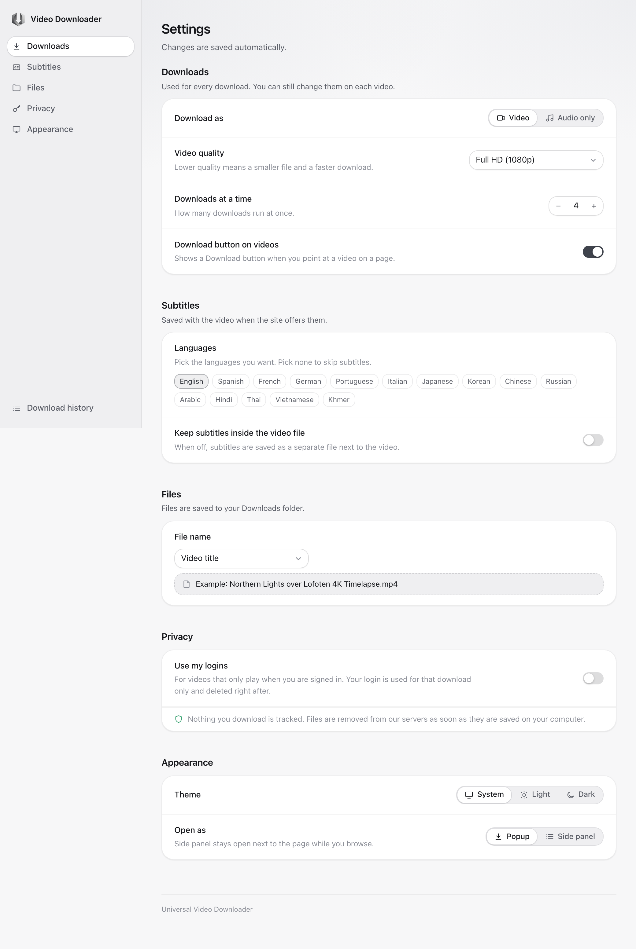 The Subtitles section of the settings page with language chips
